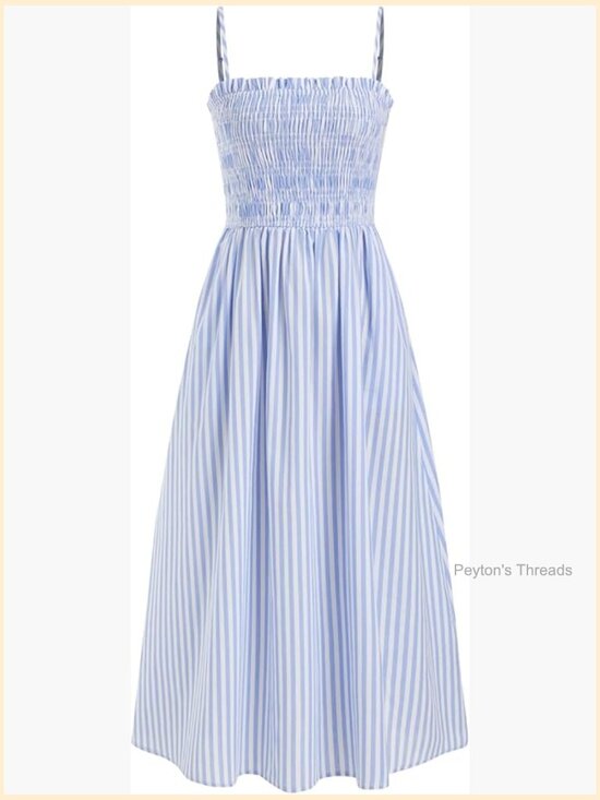 Dresses & Skirts - Striped A-Line Midi Dress with Pockets - Flowy Casual Sundress
